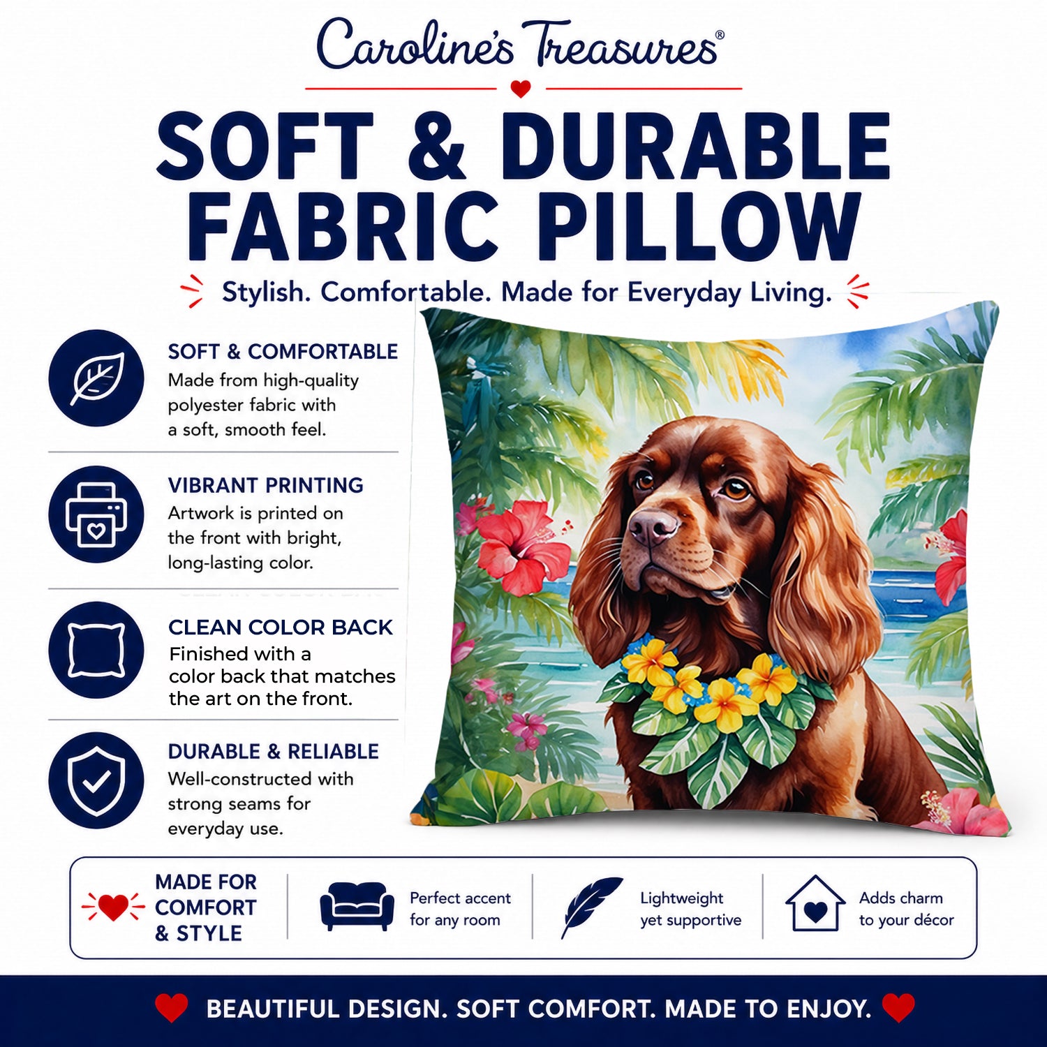 Sussex Spaniel Luau Decorative Throw Pillow 14x14 Indoor Outdoor Accent Cushion, Fabric Cover with Insert for Sofa, Bed, Porch & Living Room