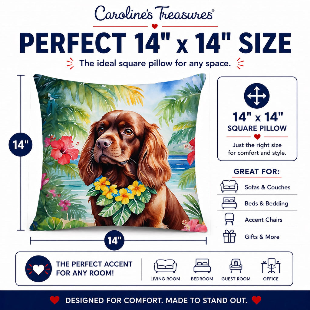 Sussex Spaniel Luau Decorative Throw Pillow 14x14 Indoor Outdoor Accent Cushion, Fabric Cover with Insert for Sofa, Bed, Porch & Living Room