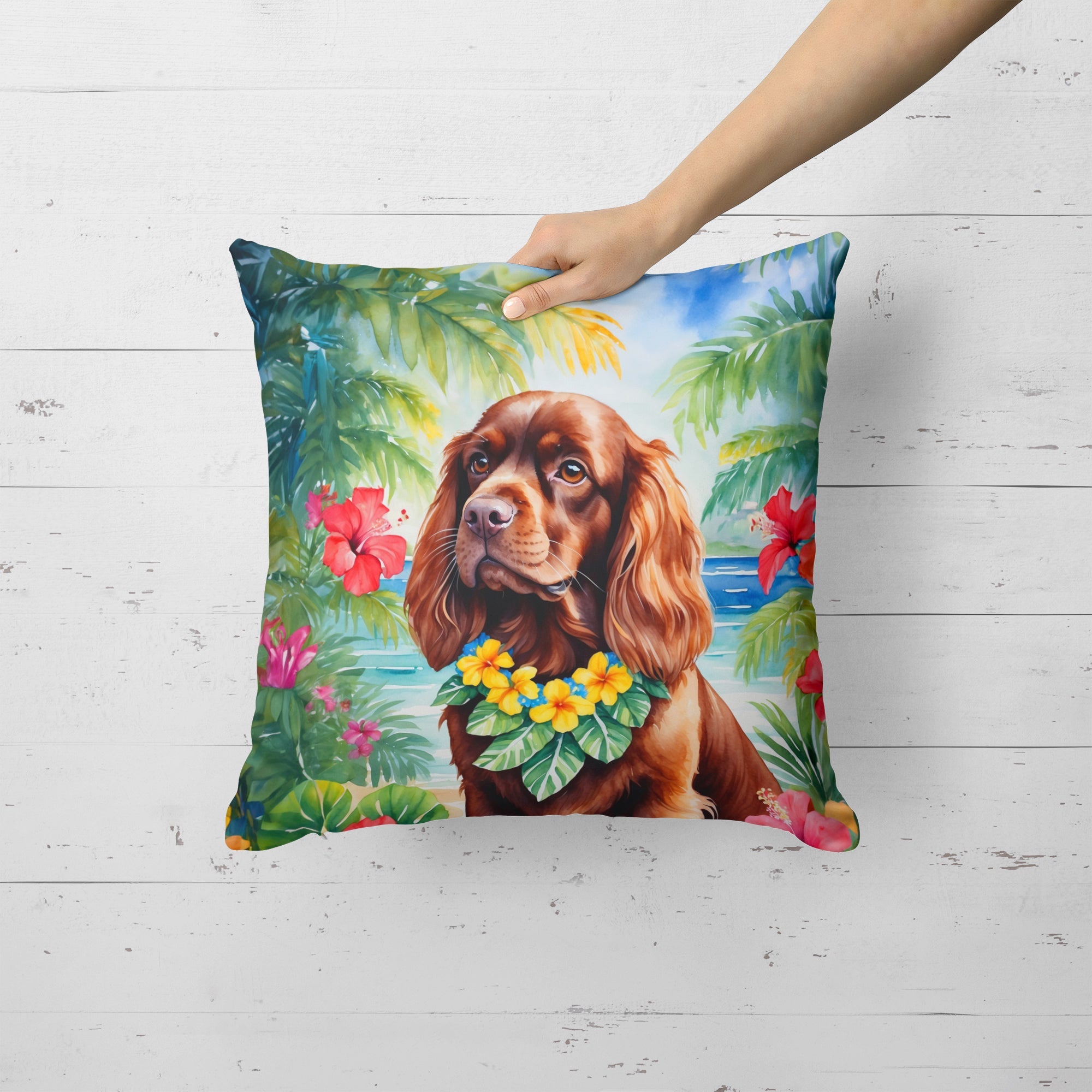 Sussex Spaniel Luau Decorative Throw Pillow 18x18 Indoor Outdoor Accent Cushion, Fabric Cover with Insert for Sofa, Bed, Porch & Living Room
