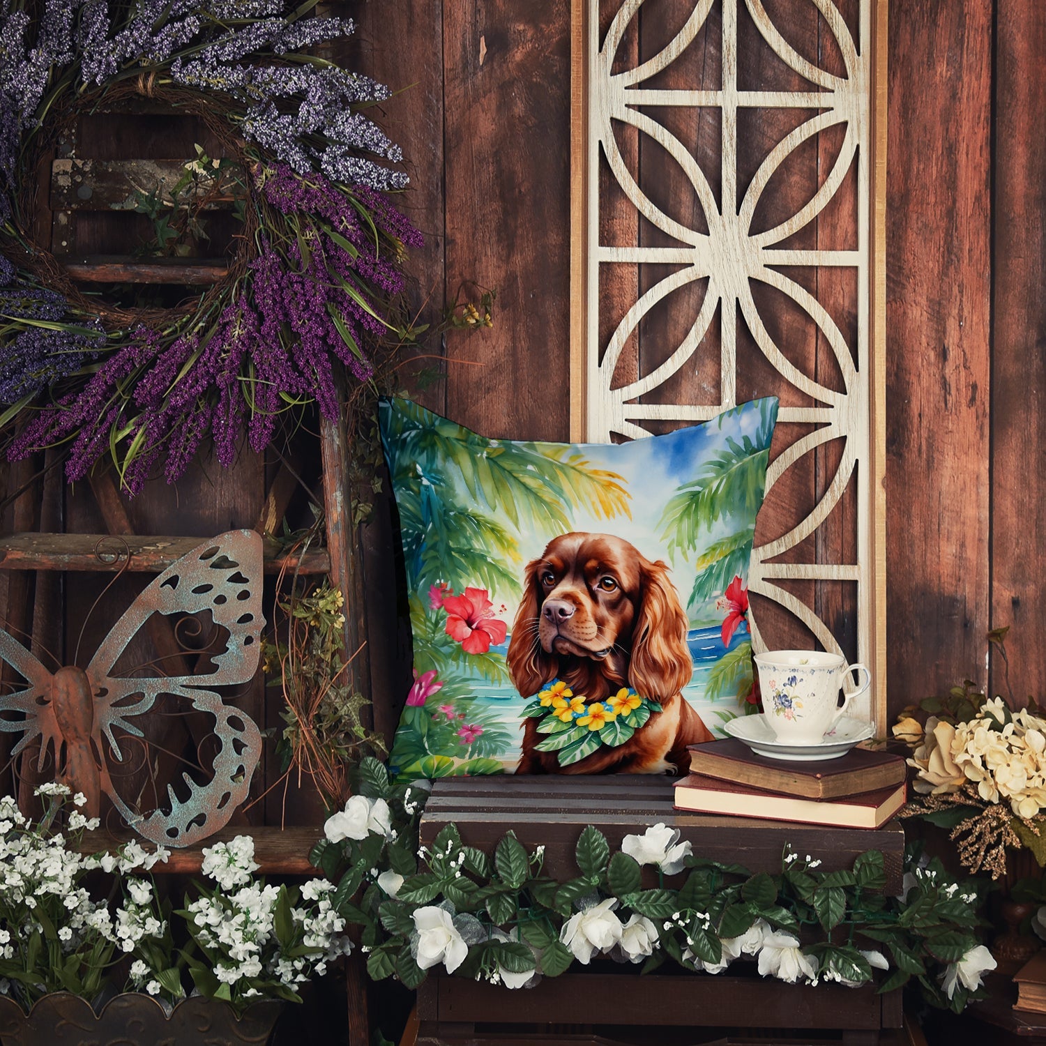 Sussex Spaniel Luau Decorative Throw Pillow 18x18 Indoor Outdoor Accent Cushion, Fabric Cover with Insert for Sofa, Bed, Porch & Living Room