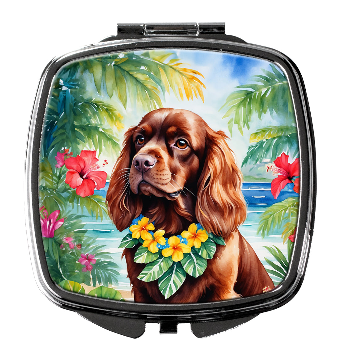 Sussex Spaniel Luau Compact Mirror Decorative Travel Makeup Mirror for Women Girls Gifts Pocket Makeup Mirror Folding Handheld