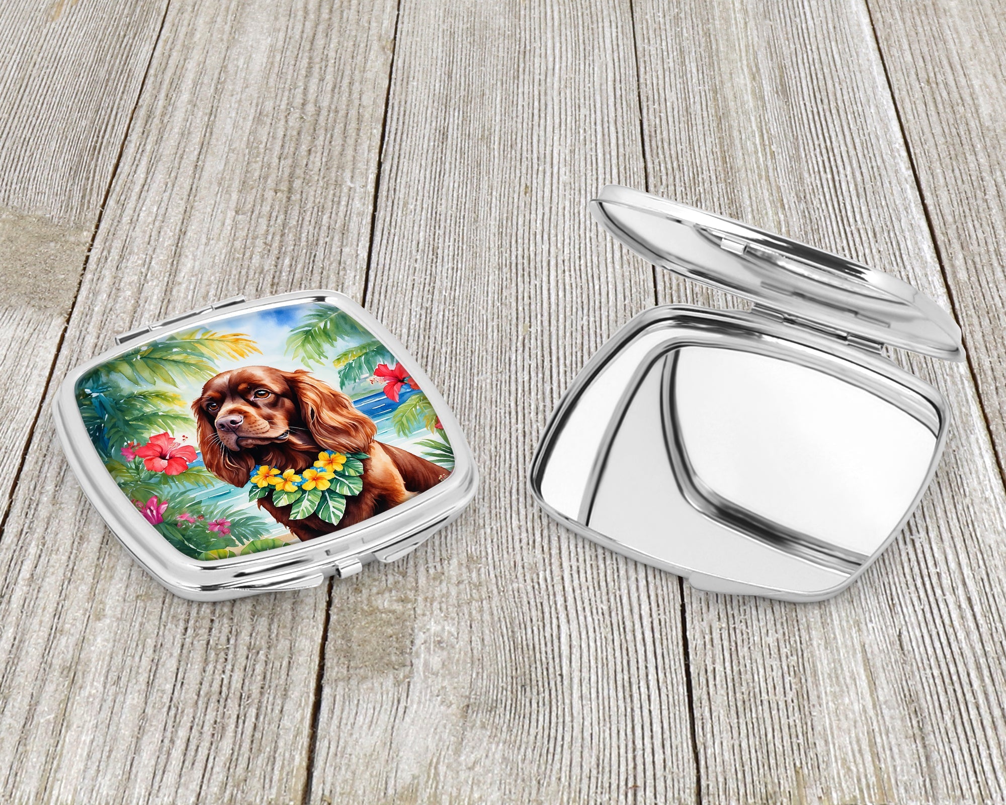 Sussex Spaniel Luau Compact Mirror Decorative Travel Makeup Mirror for Women Girls Gifts Pocket Makeup Mirror Folding Handheld