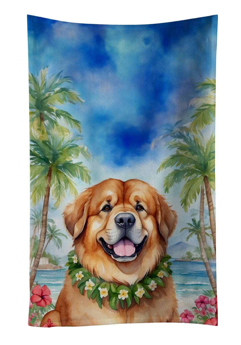 Tibetan Mastiff Luau Kitchen Towel Velour Plush Front and Cotton Loop Back Machine Washable