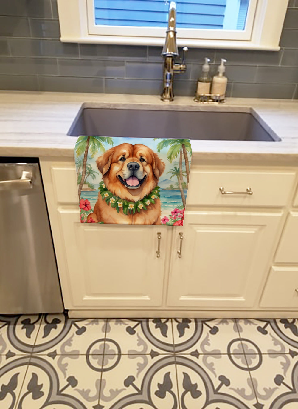 Tibetan Mastiff Luau Kitchen Towel Velour Plush Front and Cotton Loop Back Machine Washable