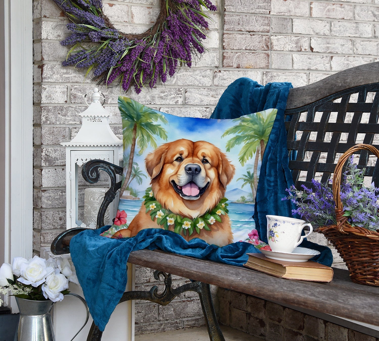 Tibetan Mastiff Luau Decorative Throw Pillow 18x18 Indoor Outdoor Accent Cushion, Fabric Cover with Insert for Sofa, Bed, Porch & Living Room