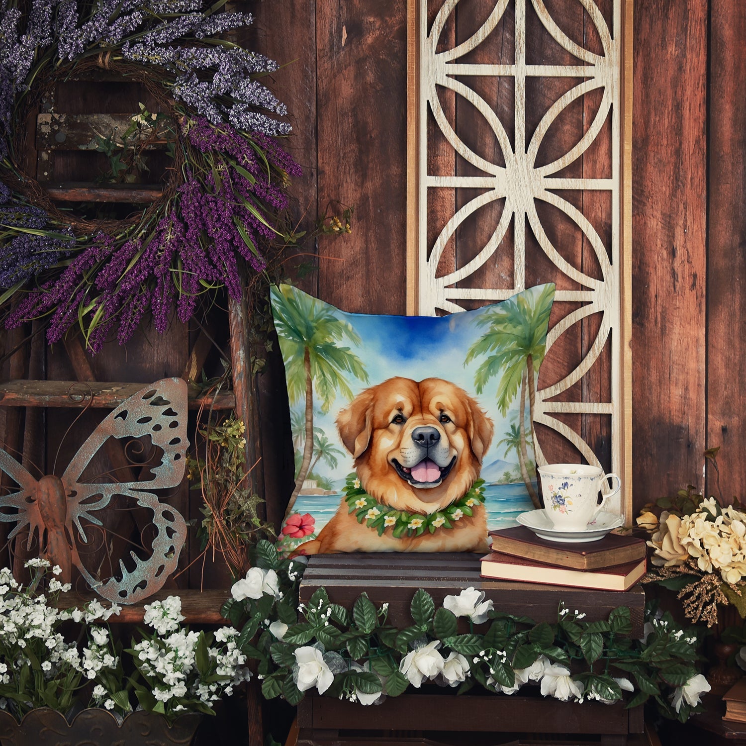 Tibetan Mastiff Luau Decorative Throw Pillow 18x18 Indoor Outdoor Accent Cushion, Fabric Cover with Insert for Sofa, Bed, Porch & Living Room