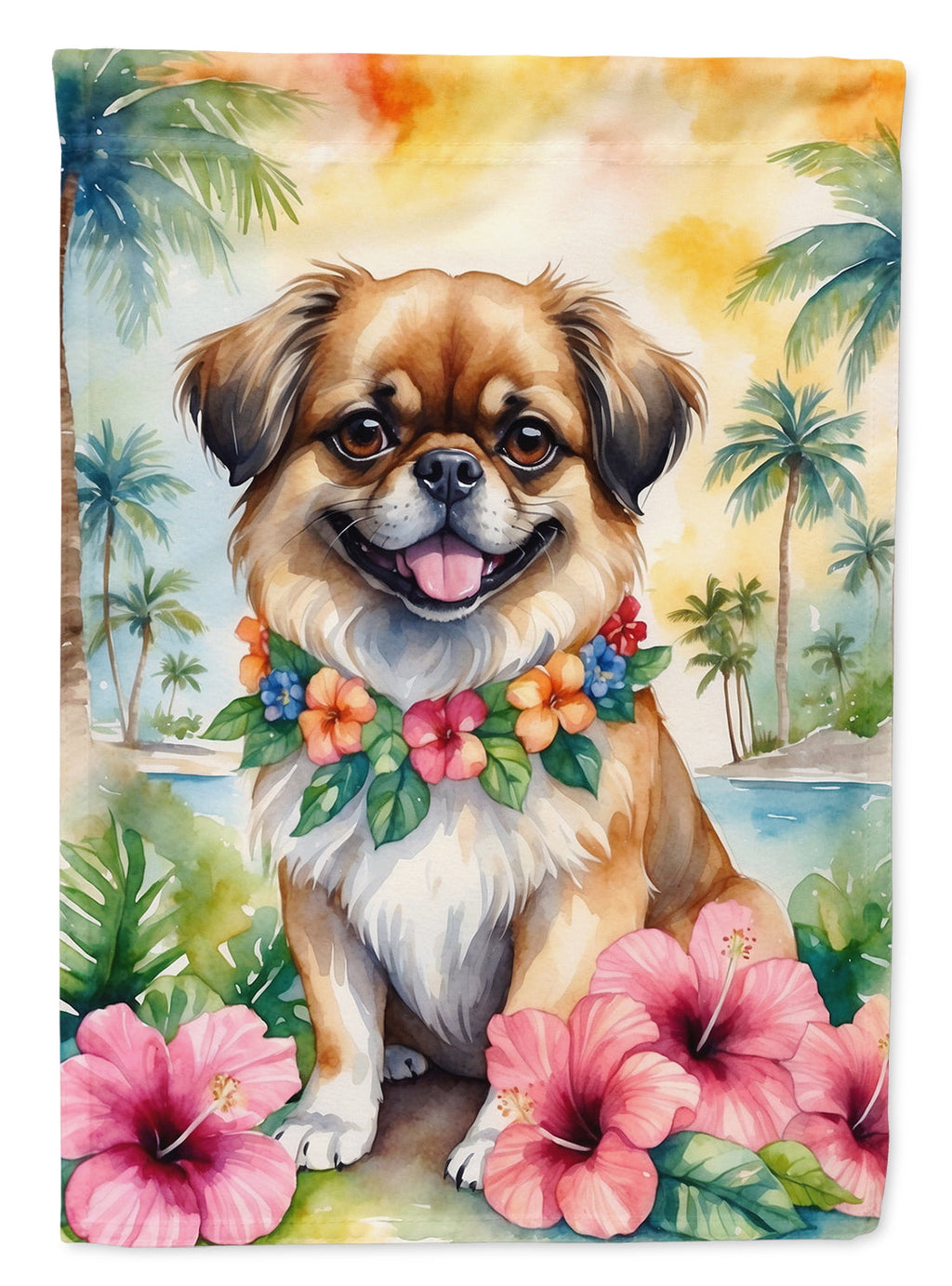 Tibetan Spaniel Luau House Flag 28x40 Porch Sleeve Pole Decorative Outside Yard Banner Artwork Wall Hanging, Polyester