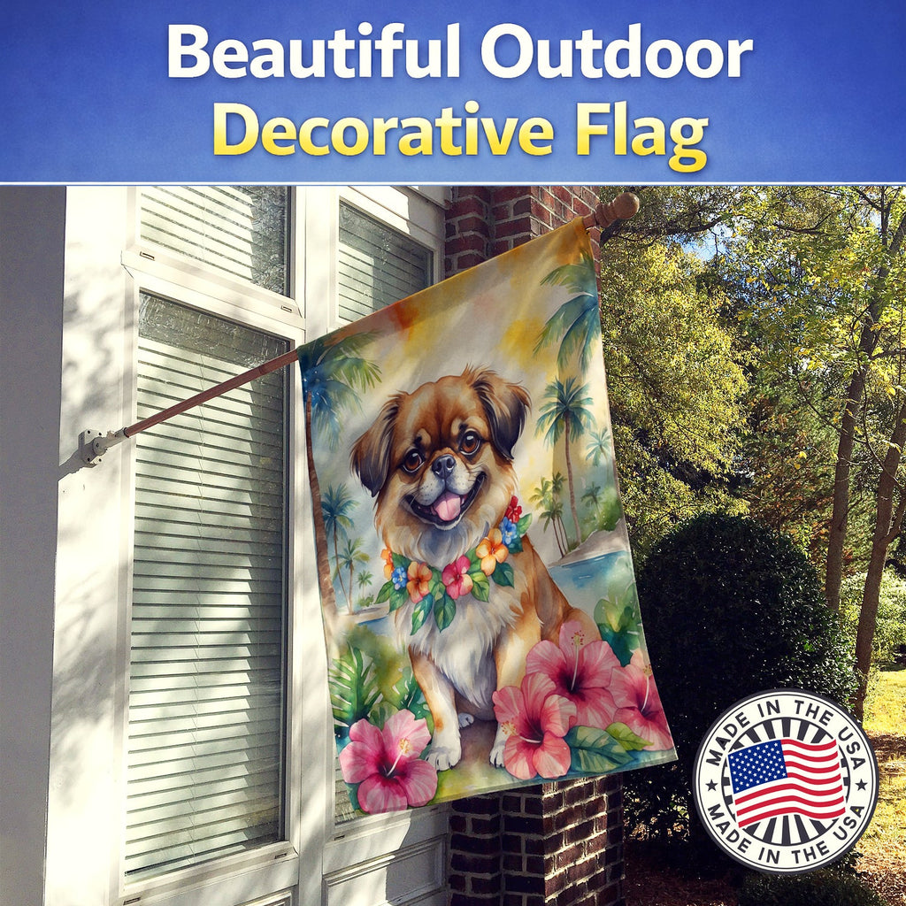 Tibetan Spaniel Luau House Flag 28x40 Porch Sleeve Pole Decorative Outside Yard Banner Artwork Wall Hanging, Polyester