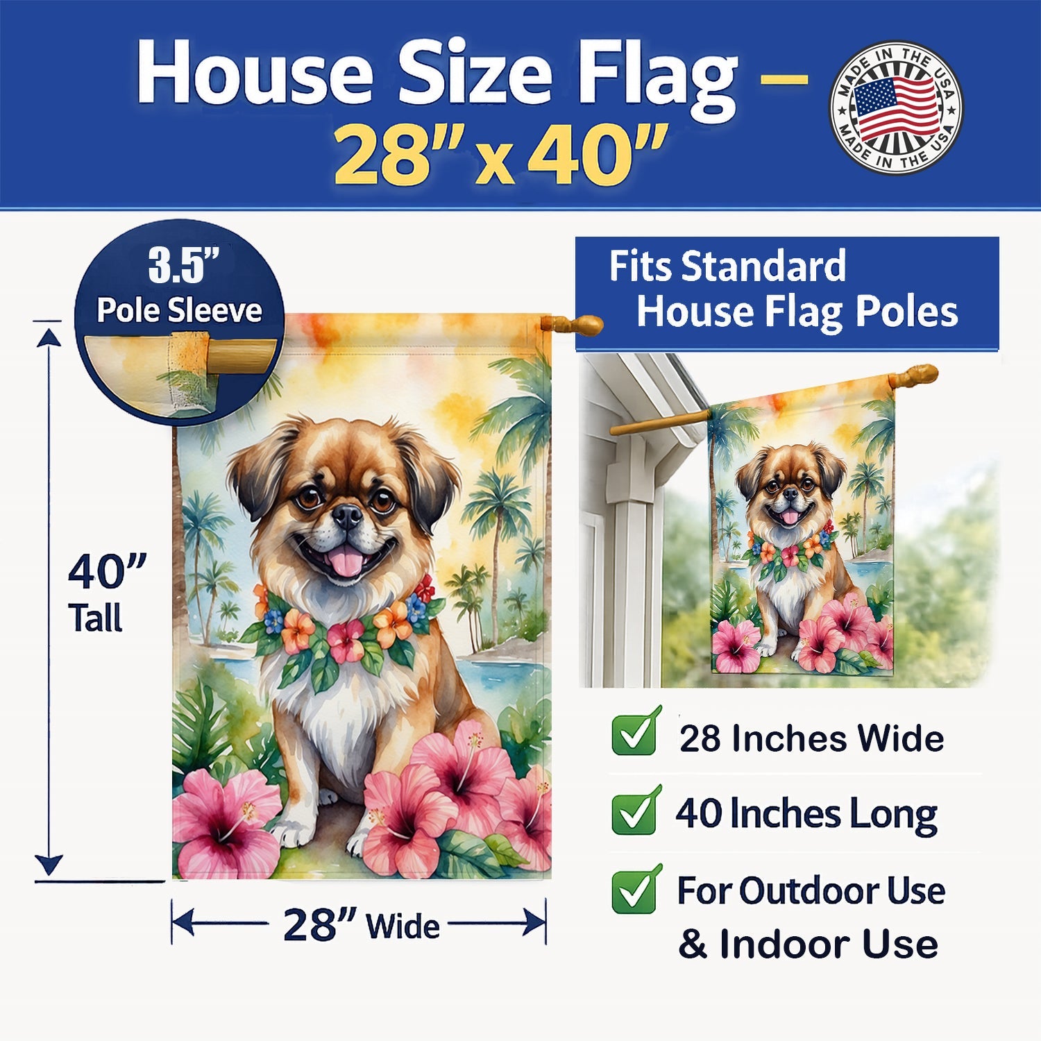 Tibetan Spaniel Luau House Flag 28x40 Porch Sleeve Pole Decorative Outside Yard Banner Artwork Wall Hanging, Polyester