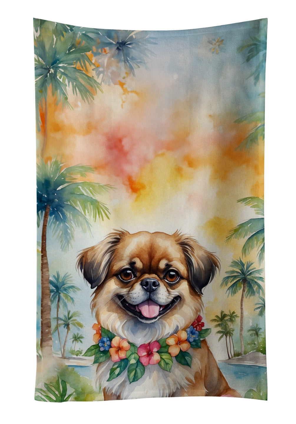Tibetan Spaniel Luau Kitchen Towel Velour Plush Front and Cotton Loop Back Machine Washable