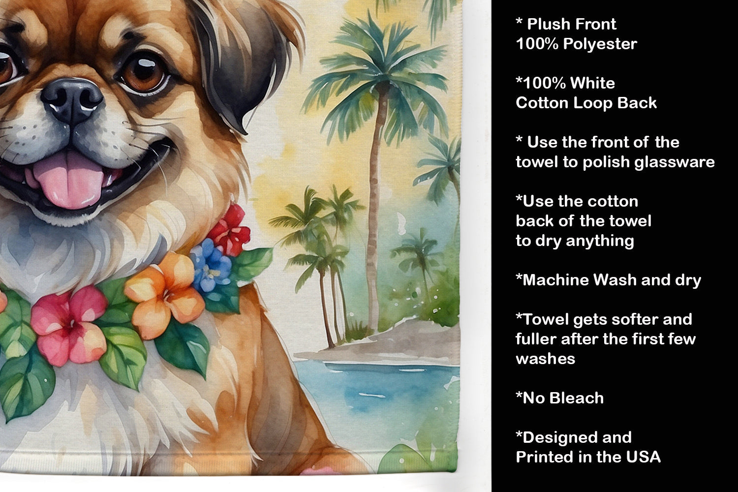 Tibetan Spaniel Luau Kitchen Towel Velour Plush Front and Cotton Loop Back Machine Washable