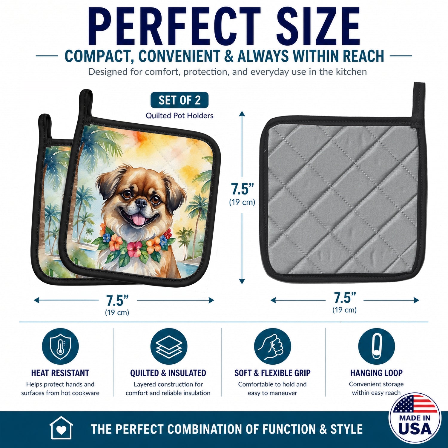 Tibetan Spaniel Luau Pot Holder Set of 2 Heat Resistant Quilted Hot Pads 7.5 x 7.5 Inch, Insulated Kitchen Trivets for Cooking & Baking