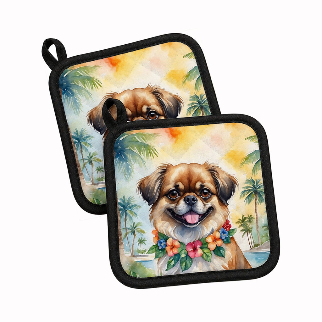 Tibetan Spaniel Luau Pot Holder Set of 2 Heat Resistant Quilted Hot Pads 7.5 x 7.5 Inch, Insulated Kitchen Trivets for Cooking & Baking