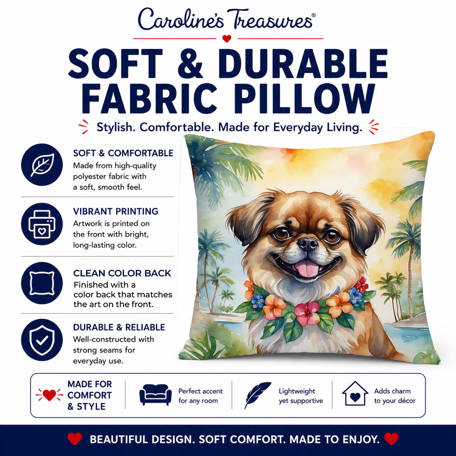 Tibetan Spaniel Luau Decorative Throw Pillow 14x14 Indoor Outdoor Accent Cushion, Fabric Cover with Insert for Sofa, Bed, Porch & Living Room