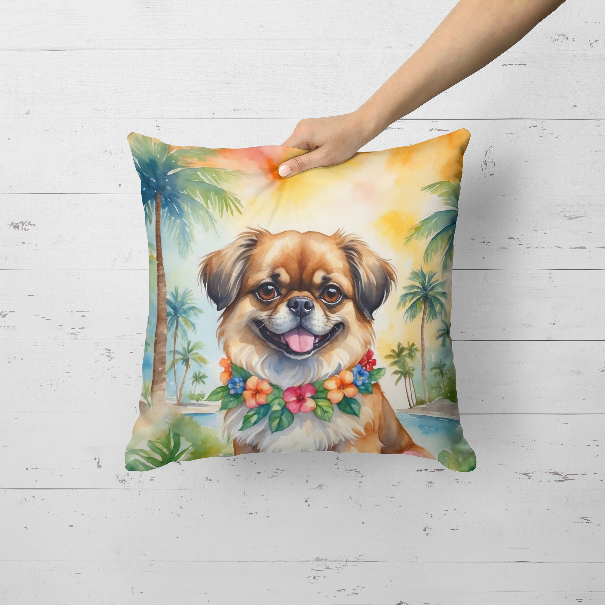 Tibetan Spaniel Luau Decorative Throw Pillow 18x18 Indoor Outdoor Accent Cushion, Fabric Cover with Insert for Sofa, Bed, Porch & Living Room