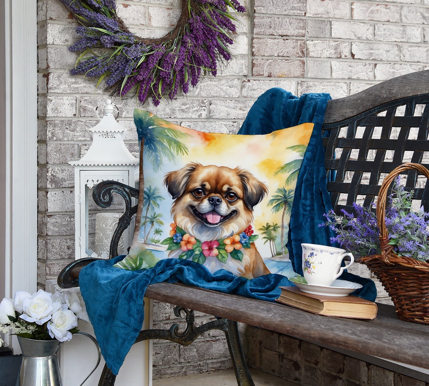 Tibetan Spaniel Luau Decorative Throw Pillow 18x18 Indoor Outdoor Accent Cushion, Fabric Cover with Insert for Sofa, Bed, Porch & Living Room