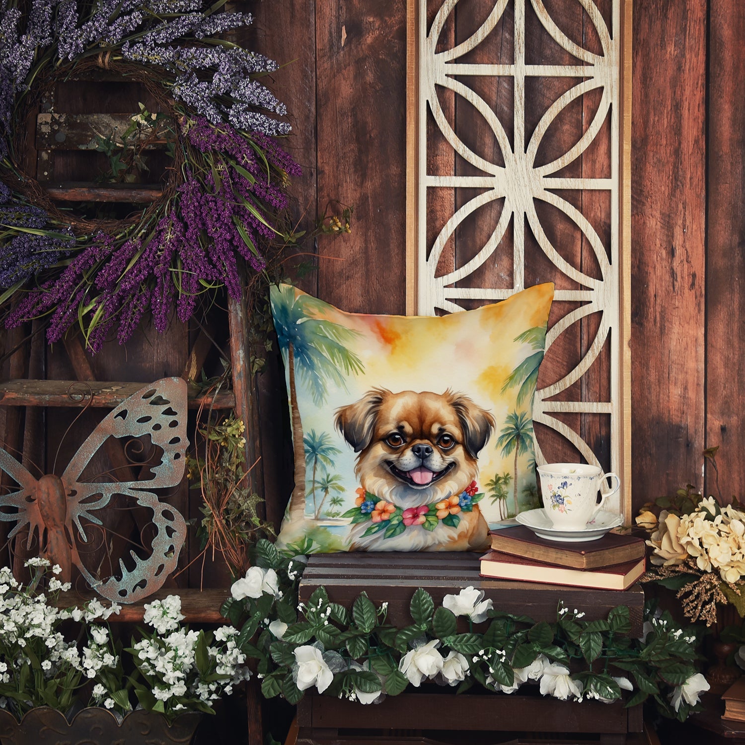 Tibetan Spaniel Luau Decorative Throw Pillow 18x18 Indoor Outdoor Accent Cushion, Fabric Cover with Insert for Sofa, Bed, Porch & Living Room