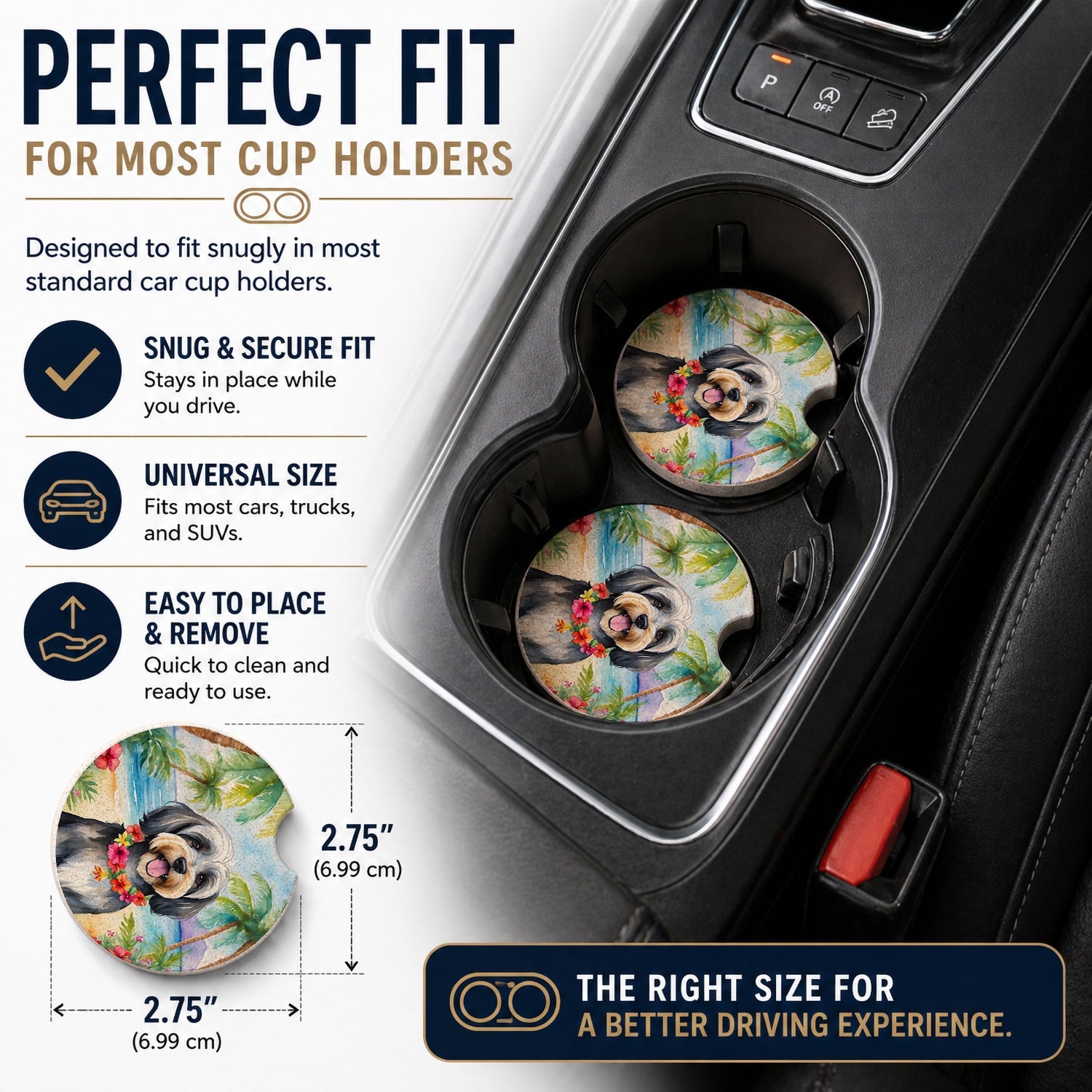 Tibetan Terrier Luau Set of 2 Cup Holder Car Coasters Absorbent Round Sandstone Coasters Gifts for Men or Women, 2.5, Multicolor