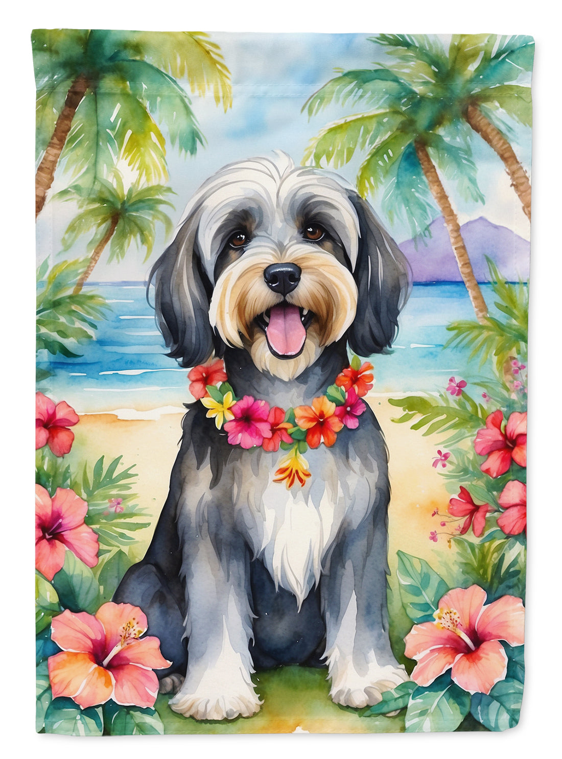 Tibetan Terrier Luau House Flag 28x40 Porch Sleeve Pole Decorative Outside Yard Banner Artwork Wall Hanging, Polyester
