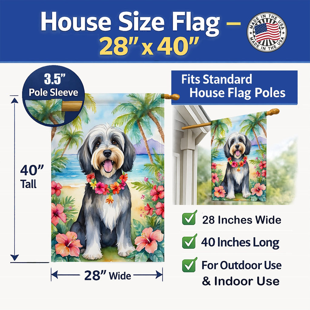 Tibetan Terrier Luau House Flag 28x40 Porch Sleeve Pole Decorative Outside Yard Banner Artwork Wall Hanging, Polyester