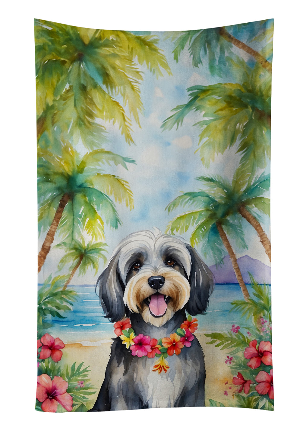 Tibetan Terrier Luau Kitchen Towel Velour Plush Front and Cotton Loop Back Machine Washable