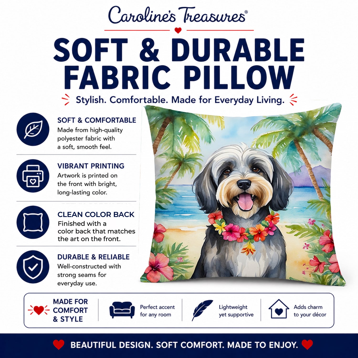 Tibetan Terrier Luau Decorative Throw Pillow 14x14 Indoor Outdoor Accent Cushion, Fabric Cover with Insert for Sofa, Bed, Porch & Living Room