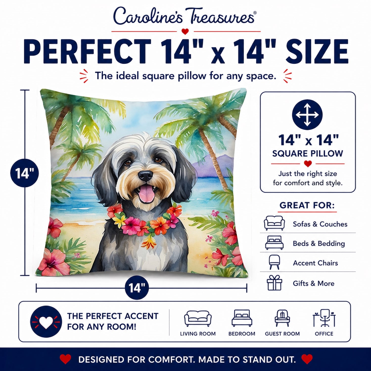 Tibetan Terrier Luau Decorative Throw Pillow 14x14 Indoor Outdoor Accent Cushion, Fabric Cover with Insert for Sofa, Bed, Porch & Living Room