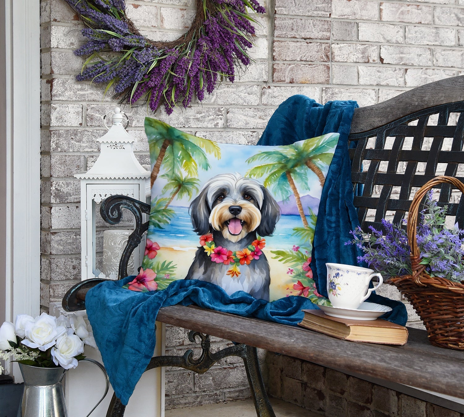 Tibetan Terrier Luau Decorative Throw Pillow 18x18 Indoor Outdoor Accent Cushion, Fabric Cover with Insert for Sofa, Bed, Porch & Living Room