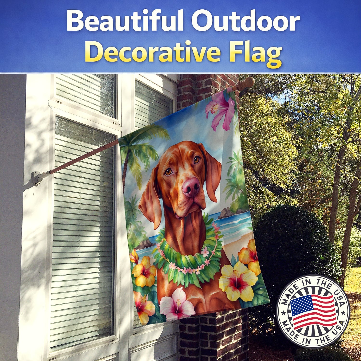 Vizsla Luau House Flag 28x40 Porch Sleeve Pole Decorative Outside Yard Banner Artwork Wall Hanging, Polyester