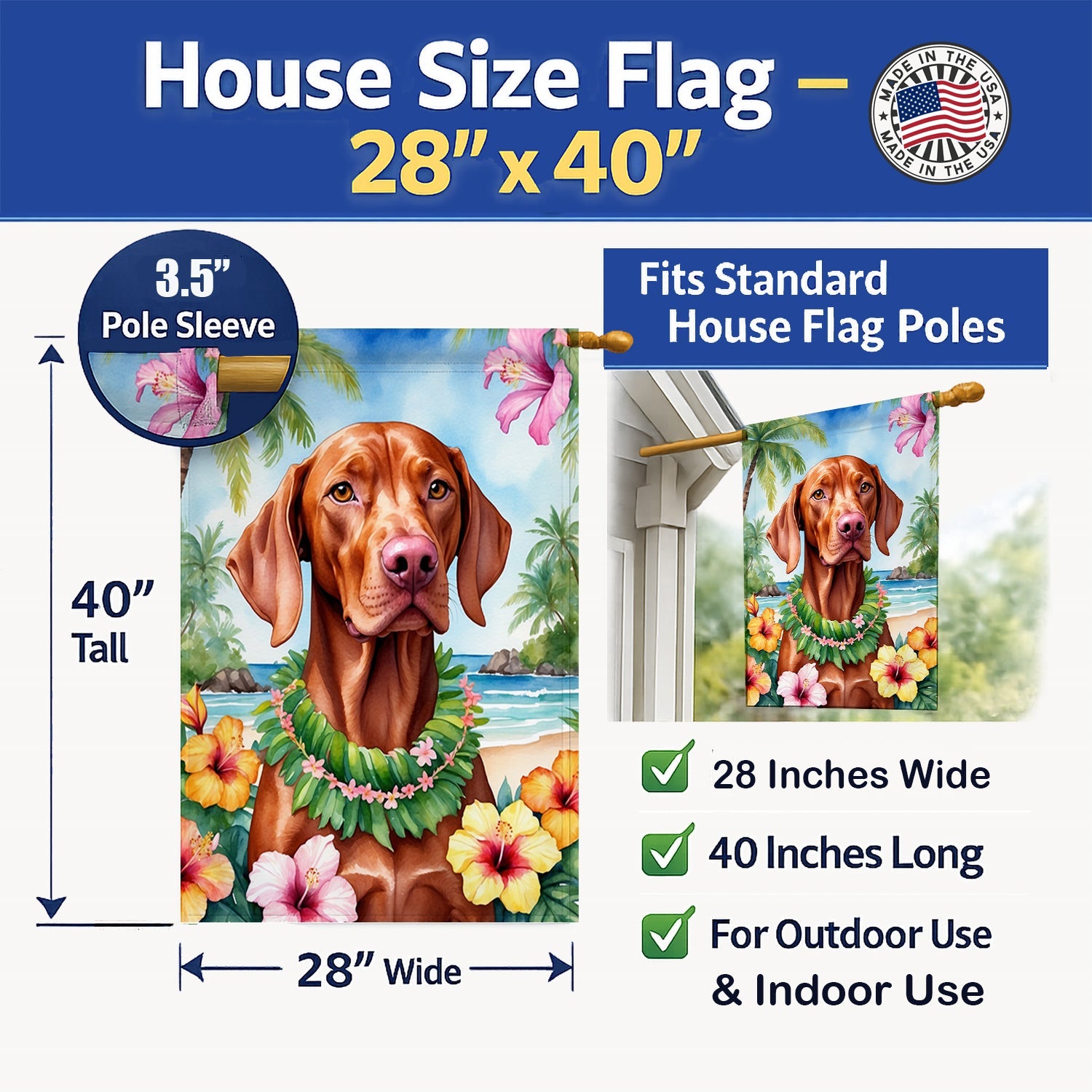 Vizsla Luau House Flag 28x40 Porch Sleeve Pole Decorative Outside Yard Banner Artwork Wall Hanging, Polyester