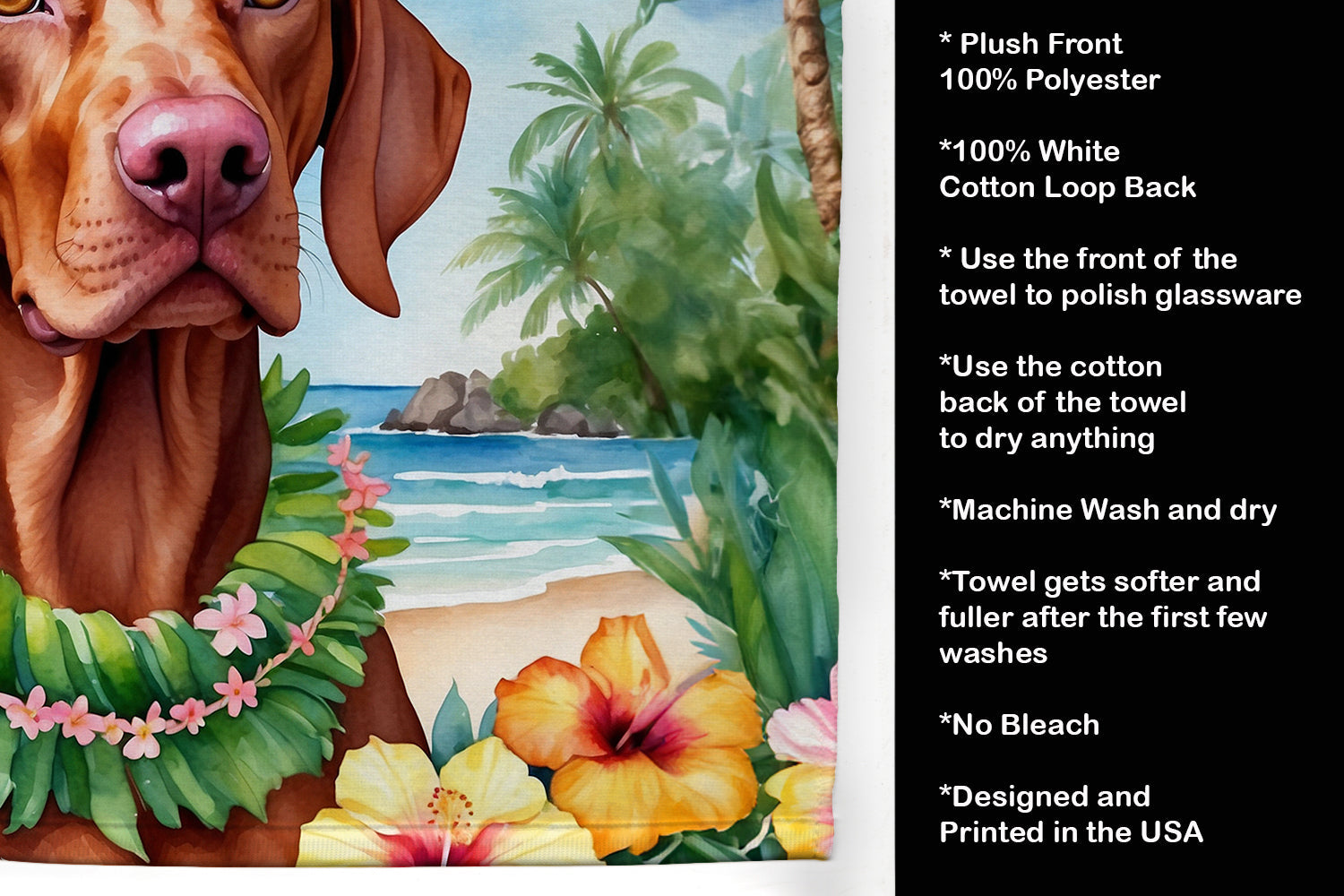 Vizsla Luau Kitchen Towel Velour Plush Front and Cotton Loop Back Machine Washable