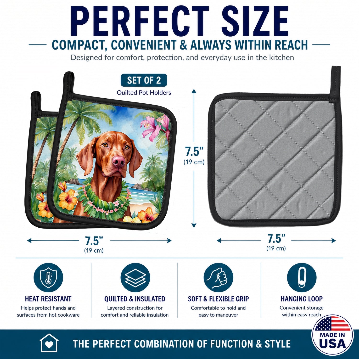 Vizsla Luau Pot Holder Set of 2 Heat Resistant Quilted Hot Pads 7.5 x 7.5 Inch, Insulated Kitchen Trivets for Cooking & Baking