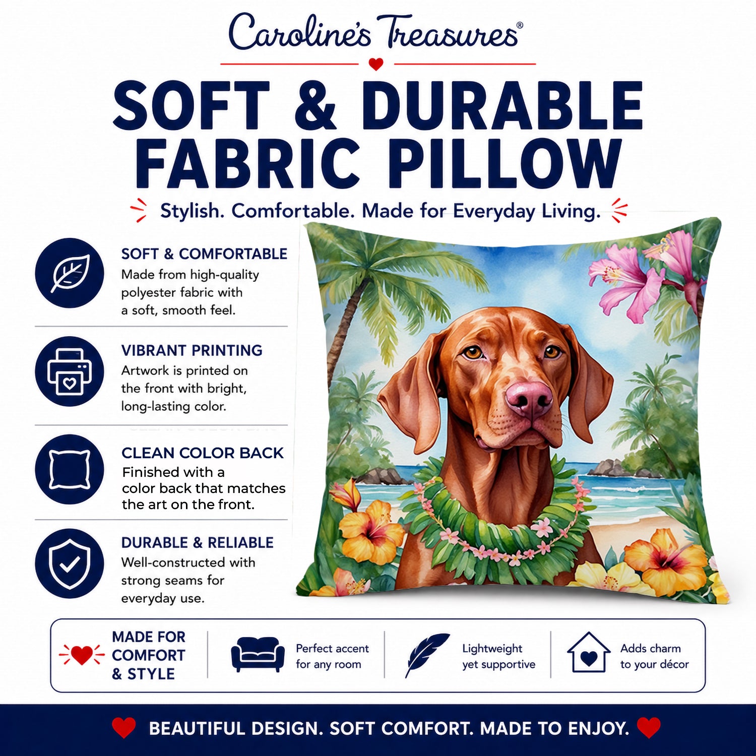 Vizsla Luau Decorative Throw Pillow 14x14 Indoor Outdoor Accent Cushion, Fabric Cover with Insert for Sofa, Bed, Porch & Living Room