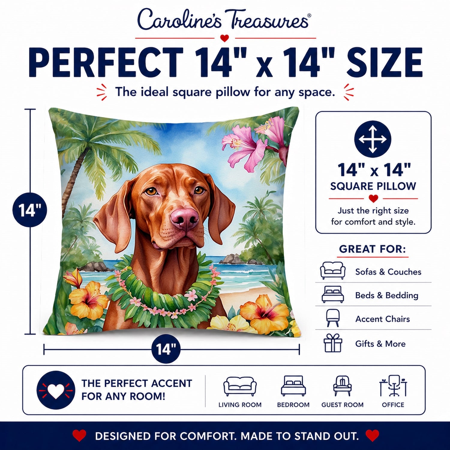 Vizsla Luau Decorative Throw Pillow 14x14 Indoor Outdoor Accent Cushion, Fabric Cover with Insert for Sofa, Bed, Porch & Living Room