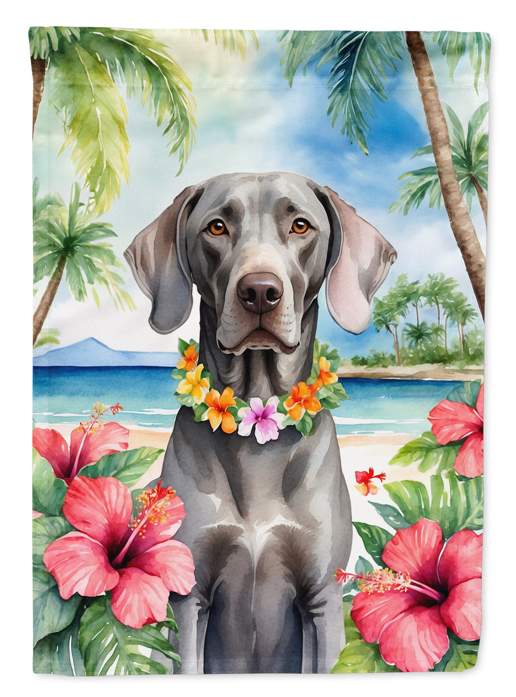 Weimaraner Luau House Flag 28x40 Porch Sleeve Pole Decorative Outside Yard Banner Artwork Wall Hanging, Polyester