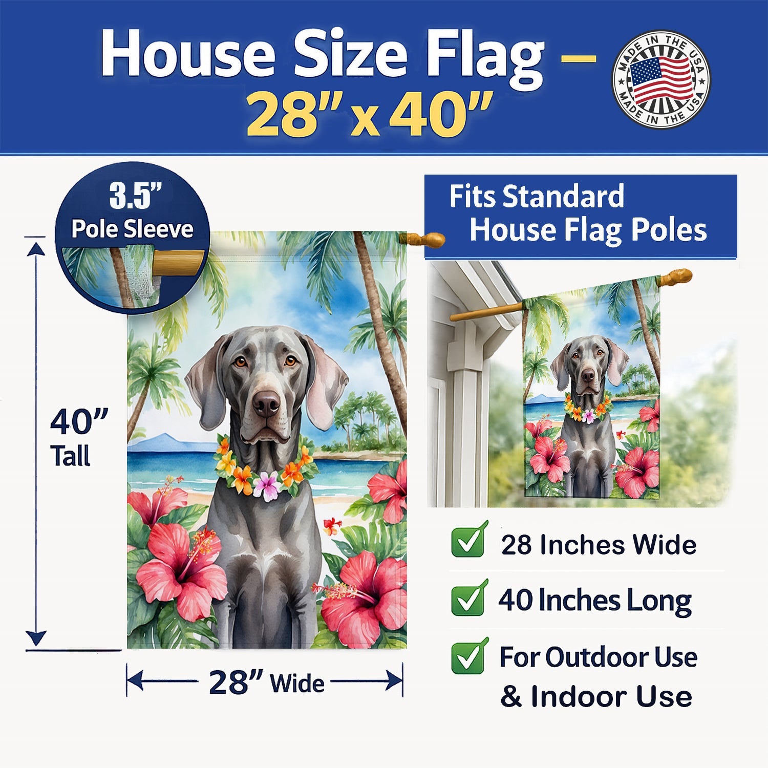 Weimaraner Luau House Flag 28x40 Porch Sleeve Pole Decorative Outside Yard Banner Artwork Wall Hanging, Polyester