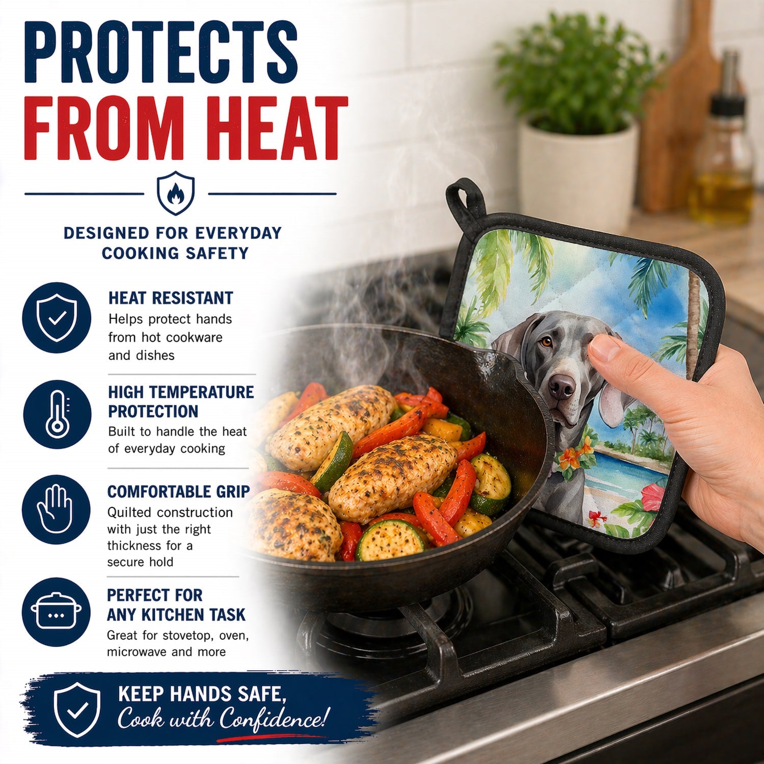 Weimaraner Luau Pot Holder Set of 2 Heat Resistant Quilted Hot Pads 7.5 x 7.5 Inch, Insulated Kitchen Trivets for Cooking & Baking