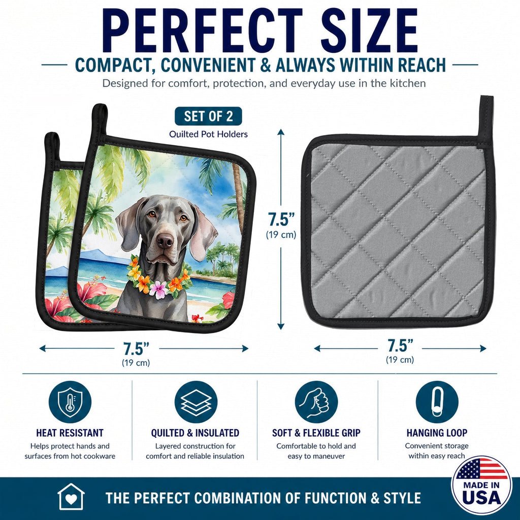 Weimaraner Luau Pot Holder Set of 2 Heat Resistant Quilted Hot Pads 7.5 x 7.5 Inch, Insulated Kitchen Trivets for Cooking & Baking