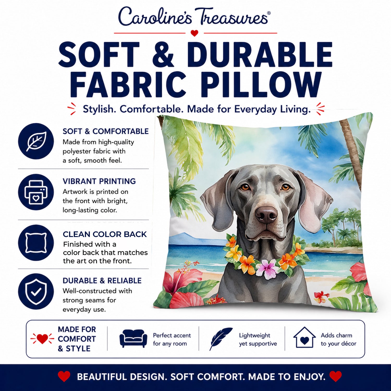 Weimaraner Luau Decorative Throw Pillow 14x14 Indoor Outdoor Accent Cushion, Fabric Cover with Insert for Sofa, Bed, Porch & Living Room