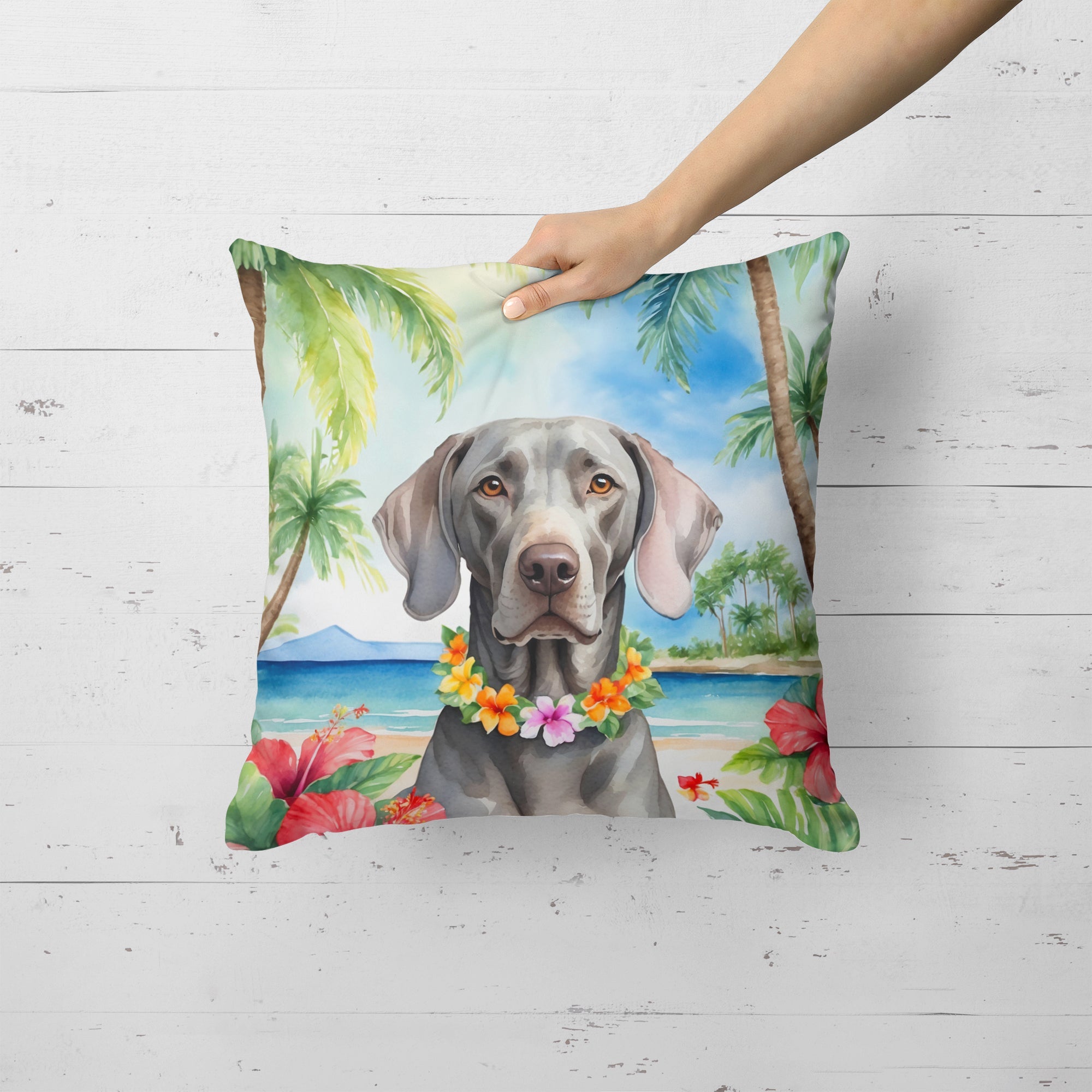 Weimaraner Luau Decorative Throw Pillow 18x18 Indoor Outdoor Accent Cushion, Fabric Cover with Insert for Sofa, Bed, Porch & Living Room