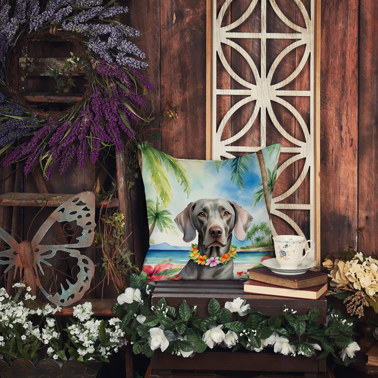 Weimaraner Luau Decorative Throw Pillow 18x18 Indoor Outdoor Accent Cushion, Fabric Cover with Insert for Sofa, Bed, Porch & Living Room