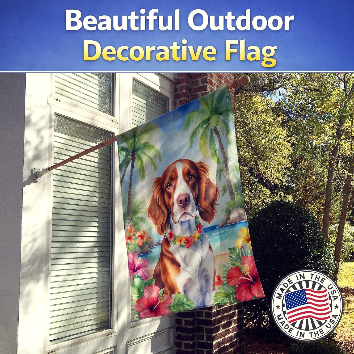 Welsh Springer Spaniel Luau House Flag 28x40 Porch Sleeve Pole Decorative Outside Yard Banner Artwork Wall Hanging, Polyester