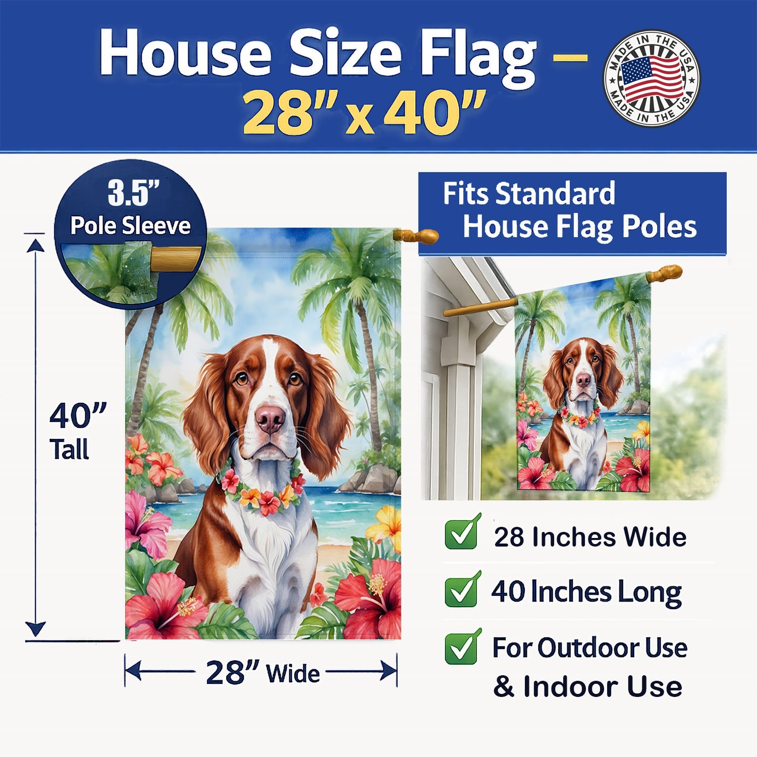 Welsh Springer Spaniel Luau House Flag 28x40 Porch Sleeve Pole Decorative Outside Yard Banner Artwork Wall Hanging, Polyester