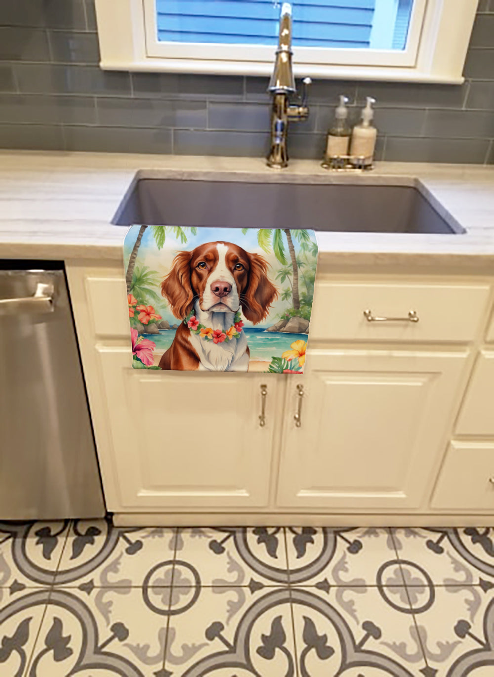 Welsh Springer Spaniel Luau Kitchen Towel Velour Plush Front and Cotton Loop Back Machine Washable
