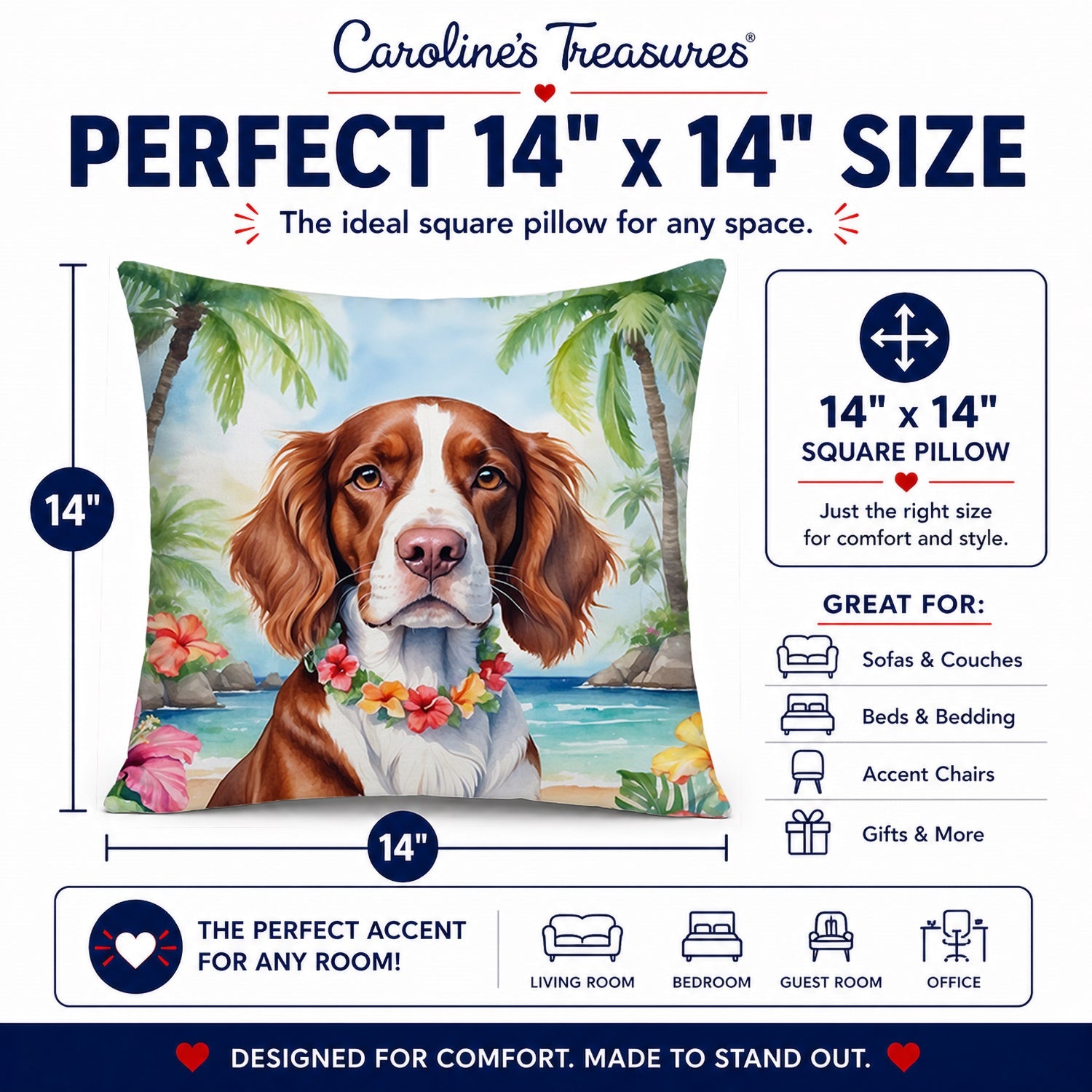 Welsh Springer Spaniel Luau Decorative Throw Pillow 14x14 Indoor Outdoor Accent Cushion, Fabric Cover with Insert for Sofa, Bed, Porch & Living Room