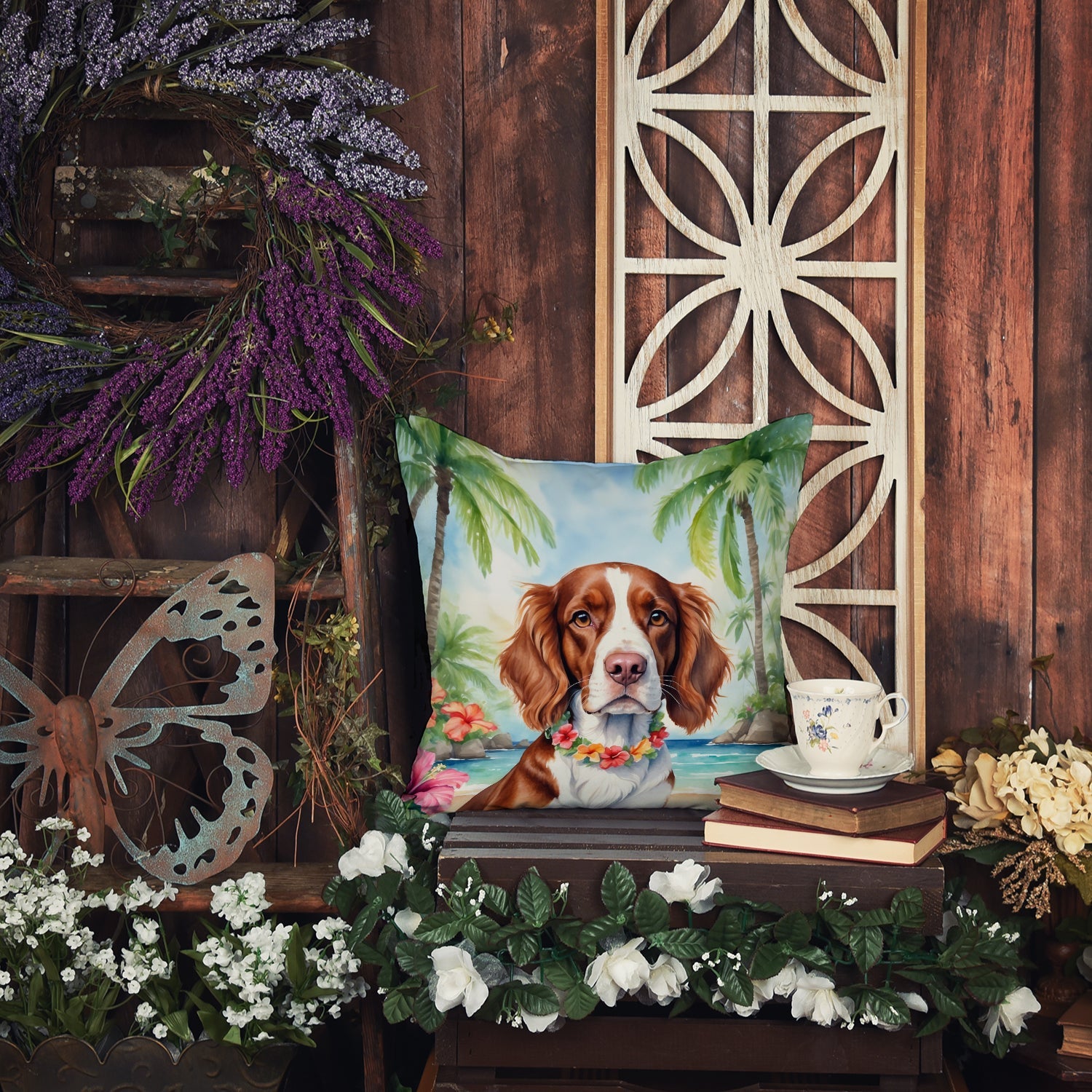 Welsh Springer Spaniel Luau Decorative Throw Pillow 18x18 Indoor Outdoor Accent Cushion, Fabric Cover with Insert for Sofa, Bed, Porch & Living Room