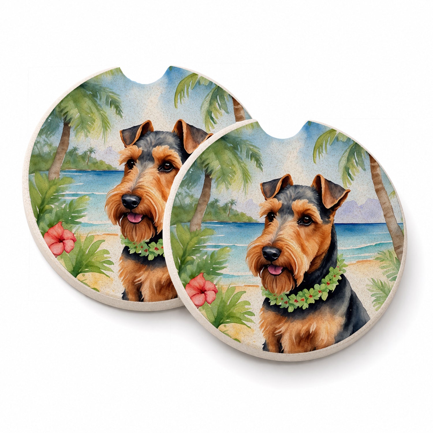 Welsh Terrier Luau Set of 2 Cup Holder Car Coasters Absorbent Round Sandstone Coasters Gifts for Men or Women, 2.5, Multicolor
