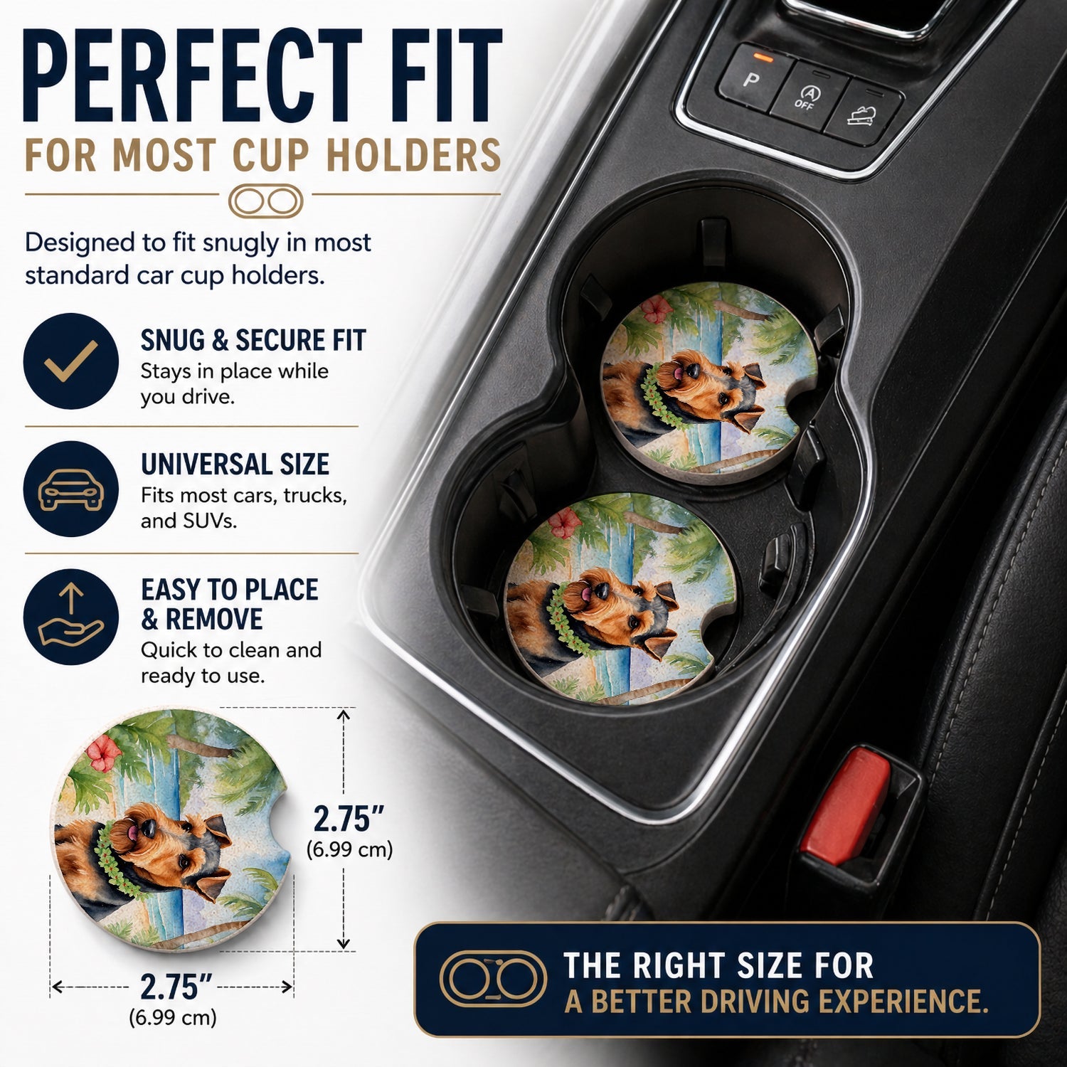 Welsh Terrier Luau Set of 2 Cup Holder Car Coasters Absorbent Round Sandstone Coasters Gifts for Men or Women, 2.5, Multicolor