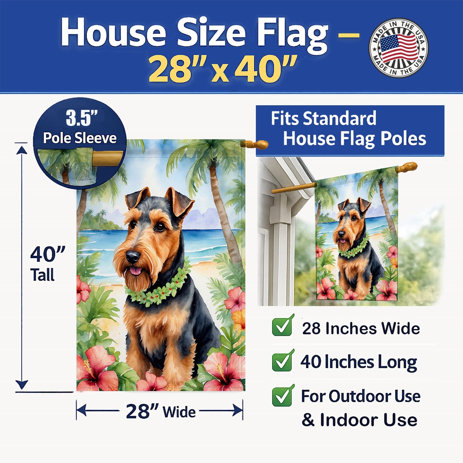 Welsh Terrier Luau House Flag 28x40 Porch Sleeve Pole Decorative Outside Yard Banner Artwork Wall Hanging, Polyester