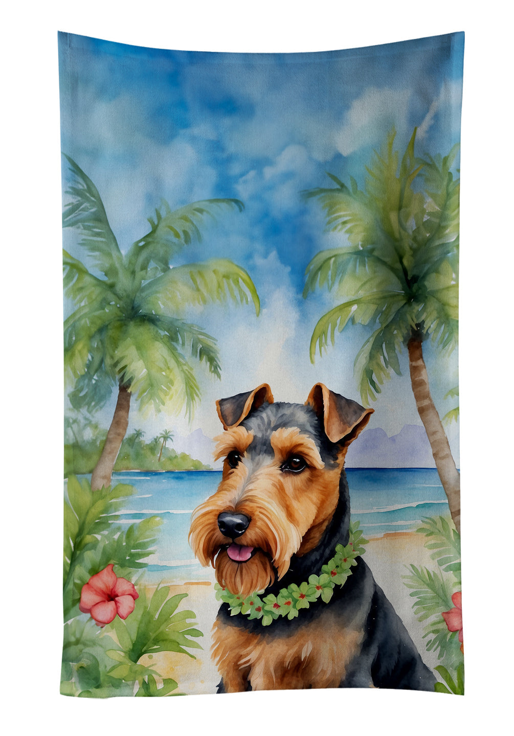 Welsh Terrier Luau Kitchen Towel Velour Plush Front and Cotton Loop Back Machine Washable